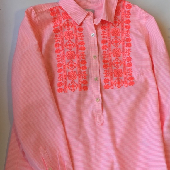 J. Crew Tops - J. Crew pink & white striped shirt w/embroidery